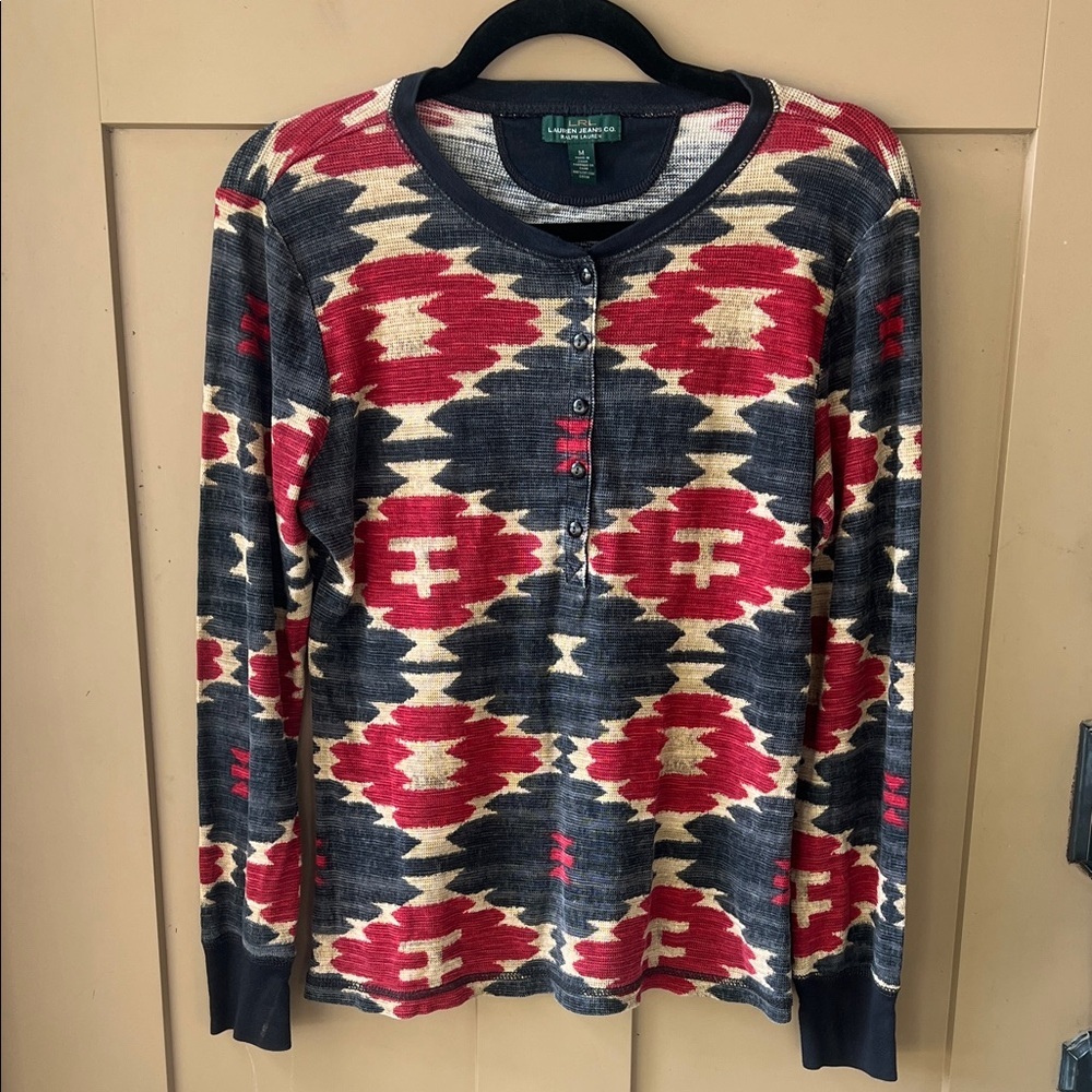 Lauren Ralph Lauren Aztec Print Black Red Tan Henley Long Sleeve Tee M Cotton